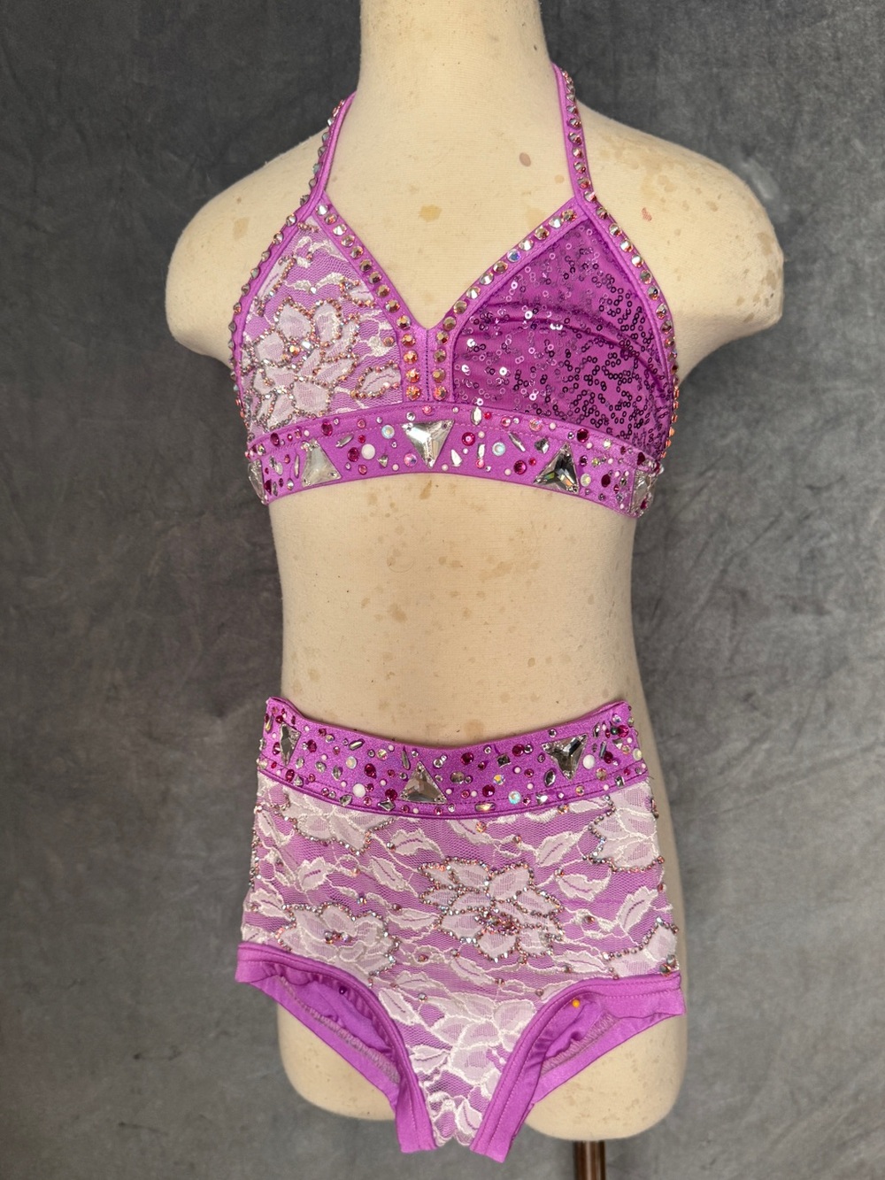 Kids Dance Costume Two-Piece Halter Set w/rhinestones